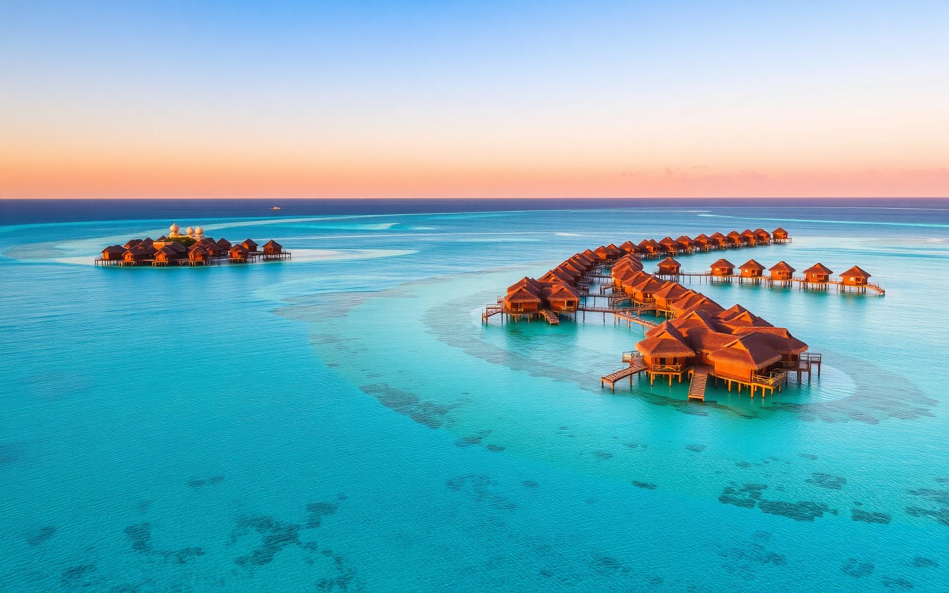 Overwater villas above a turquoise lagoon at sunset